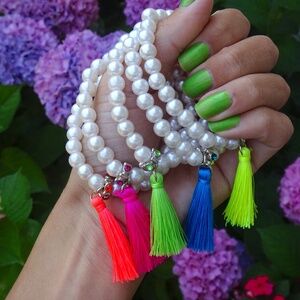 Set of 5 Faux Pearl & Neon Tassel Beaded Boho Stacking Bracelets Party Favor